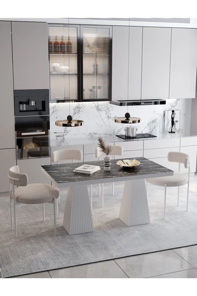 AVVİO FİARE Lake MDF Ayak Teddy Sandalye 80x140 Yemek Masası Mutfak Masası 4 Kişilik Masa Sandalye Takım ürün görseli