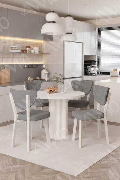 AVVİO Elma Yuvarlak Beyaz Mutfak Masa 4 Adet Sandalyeli Takım - Resim 2