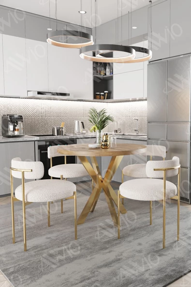 AVVİO LEA MAT GOLD Ayak 4'lü Teddy Sandalye 90X90 Masa Sandalye Takımı ( SANDALYE BUKLE KUMAŞ) ürün görseli