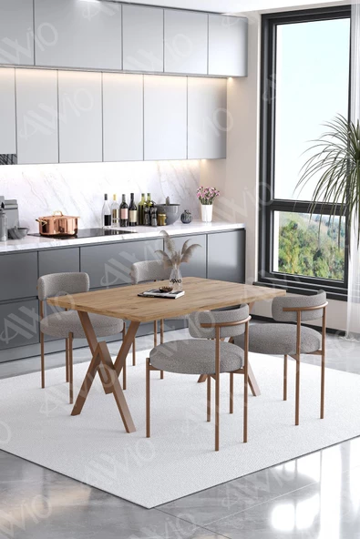 AVVİO Calina Teddy Sandalye 80x120 Yemek Masası Mutfak Masası 4 Kişilik Masa Sandalye Takımı(BUKLE KUMAŞ) - Resim 2