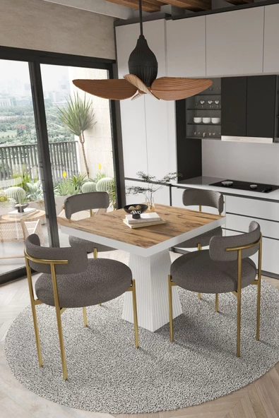 AVVİO ARONA  Beyaz Lake MDF Ayak  90x90 Yemek Masası Mutfak Masası 4 Kişilik Masa Takımı Teddy Sandalye