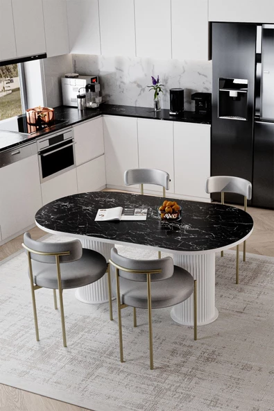 AVVİO Eliza Beyaz PTT Ayak 80X140 Yemek Masası Mutfak Masası Masa Sandalye Takımı(KADİFE KUMAŞ) ürün görseli