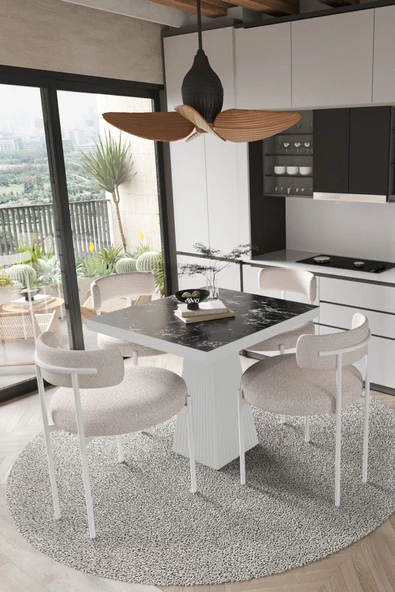 AVVİO Mayer  Beyaz Lake MDF Ayak  90x90 Yemek Masası Mutfak Masası 4 Kişilik Masa Takımı Teddy Sandalye ürün görseli