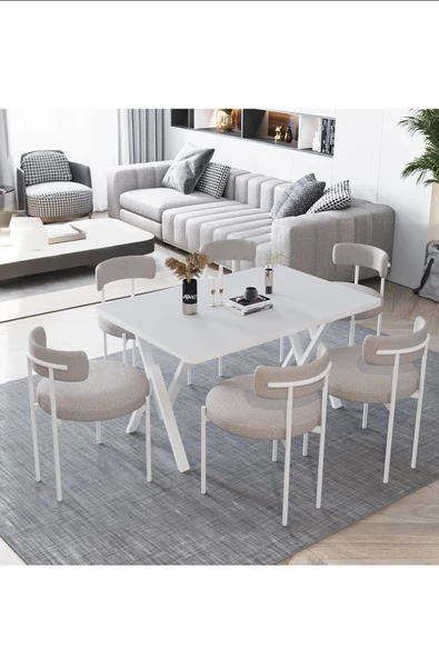 AVVİO Larina Beyaz Teddy Sandalye 80x140 Yemek Masası Mutfak Masası 6 Kişilik Masa Sandalye Takımı ürün görseli