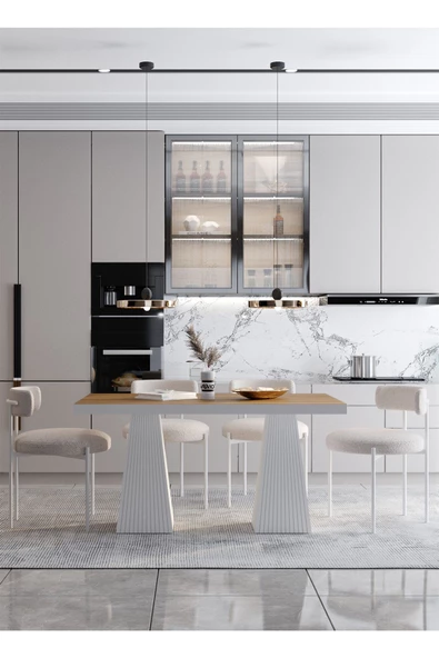 AVVİO FİARE Lake MDF Ayak Teddy Sandalye 80x140 Yemek Masası Mutfak Masası 4 Kişilik Masa Sandalye Takım - Resim 2