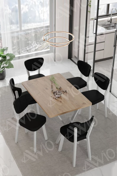 AVVİO RİTA BEYAZ   ELMA Sandalye 80x140 Yemek Masası Mutfak Masası 6 Kişilik Masa Sandalye Takım