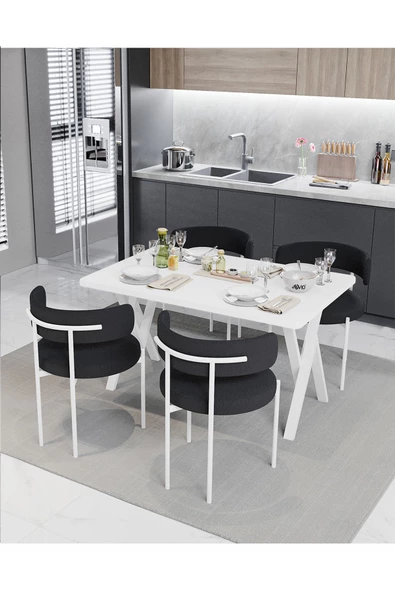 AVVİO Majer Beyaz Teddy Sandalye 80x120 Yemek Masası Mutfak Masası 4 Kişilik Masa Sandalye Takımı - Resim 2