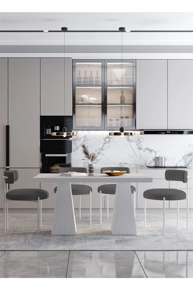 AVVİO LUCİNA  Lake MDF Ayak Teddy Sandalye 80x140 Yemek Masası Mutfak Masası 4 Kişilik Masa Sandalye Takım - Resim 2