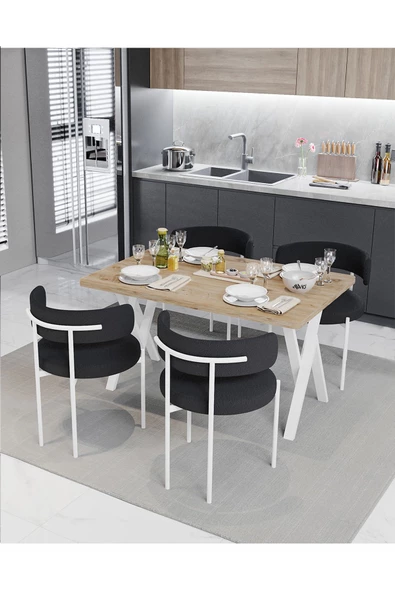 AVVİO Majer Beyaz Teddy Sandalye 80x120 Yemek Masası Mutfak Masası 4 Kişilik Masa Sandalye Takımı ürün görseli