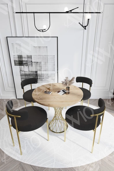 AVVİO Pienna MAT GOLD Teddy Sandalye 90x90 Yuvarlak Yemek Masası Mutfak Masası  Masa Sandalye Takımı ürün görseli