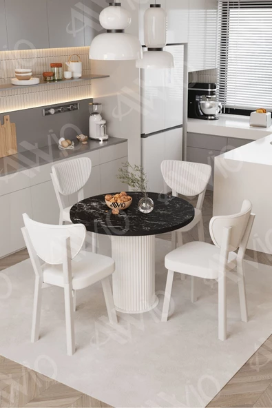 AVVİO Elma Yuvarlak Siyah Mermer Mutfak Masa 4 Adet Sandalyeli Takım ürün görseli