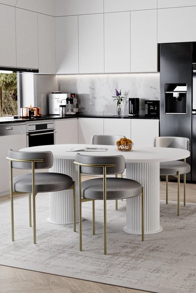 AVVİO Eliza Beyaz PTT Ayak 80X140 Yemek Masası Mutfak Masası Masa Sandalye Takımı(KADİFE KUMAŞ) - Resim 2