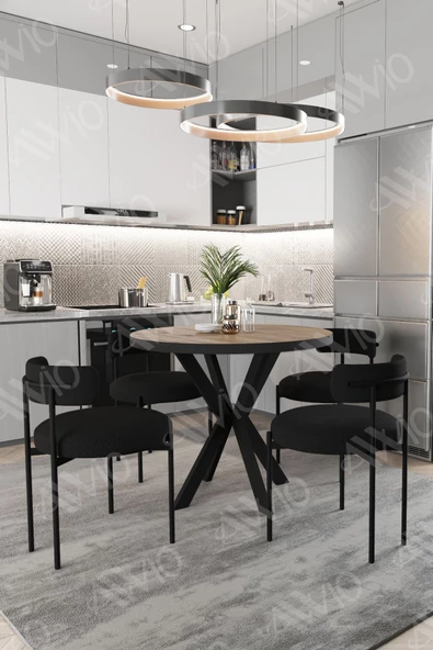 AVVİO Larissa Teddy Sandalye 90x90 Yuvarlak Yemek Masası Mutfak Masası 4 Kişilik Masa Sandalye Takımı ürün görseli