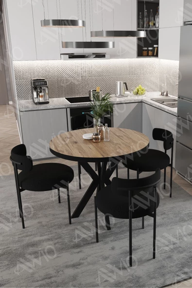 AVVİO Larissa Teddy Sandalye 90x90 Yuvarlak Yemek Masası Mutfak Masası 4 Kişilik Masa Sandalye Takımı - Resim 2