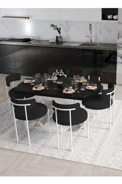 AVVİO Wella Lak Panel 80x130 Açılır Yemek Masası Mutfak Masası 6 Kişilik Masa Sandalye Takımı - Resim 2