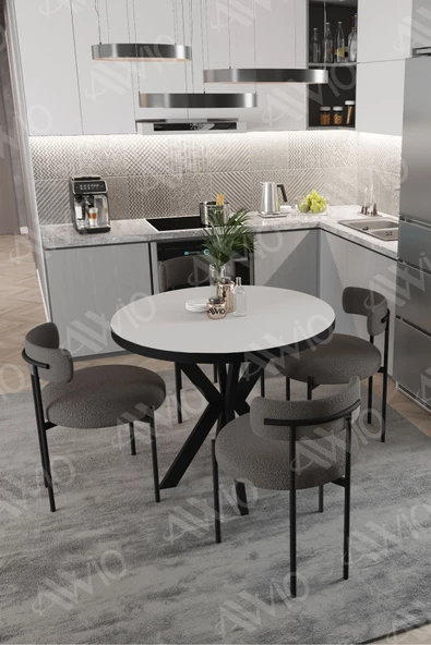 AVVİO Loan Teddy Sandalye 90x90 Yuvarlak Yemek Masası Mutfak Masası 4 Kişilik Masa Sandalye Takımı - Resim 2