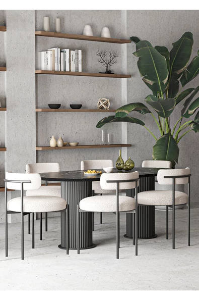 AVVİO Mina Teddy Sandalye 6'lı Ptt Ayak 80x140 Oval Yemek Masası Mutfak Masası Masa Sandalye Takımı ürün görseli