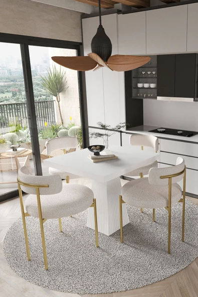 AVVİO ARONA  Beyaz Lake MDF Ayak  90x90 Yemek Masası Mutfak Masası 4 Kişilik Masa Takımı Teddy Sandalye