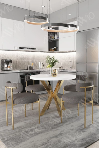 AVVİO FRAME MAT GOLD Ayak 4'lü Teddy Sandalye 90X90 Masa Sandalye Takımı ( SANDALYE BUKLE KUMAŞ) ürün görseli