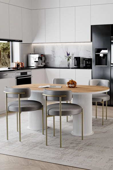 AVVİO Eliza Beyaz PTT Ayak 80X140 Yemek Masası Mutfak Masası Masa Sandalye Takımı(KADİFE KUMAŞ) - Resim 2