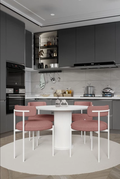 AVVİO SWEET PİNK DREAMS PTT Lake MDF Ayak 4'lü Teddy Sandalye 90X90  Masa Sandalye Takımı (  BUKLE KUMAŞ) - Resim 2