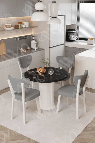 AVVİO Elma Yuvarlak Siyah Mermer Mutfak Masa 4 Adet Sandalyeli Takım ürün görseli