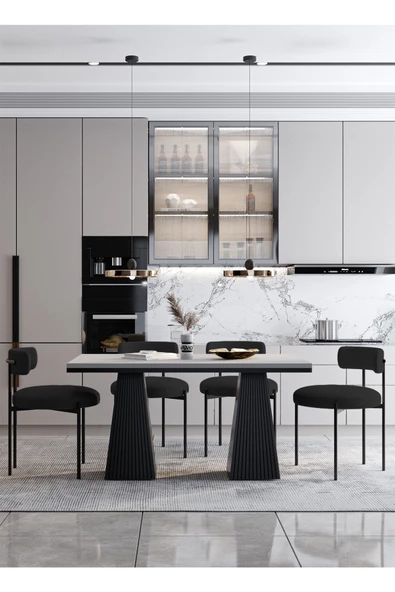 AVVİO Venera Lake Mdf Ayak Teddy Sandalye 80x140 Yemek Masası Mutfak Masası 4 Kişilik Masa Sandalye Takım - Resim 2