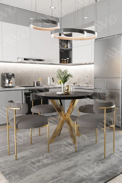 AVVİO FRAME  MAT GOLD Ayak 4'lü Teddy Sandalye 90X90 Masa Sandalye Takımı ( SANDALYE BUKLE KUMAŞ) - Resim 2