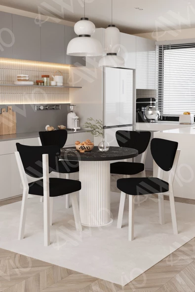 AVVİO Elma Yuvarlak Siyah Mermer Mutfak Masa 4 Adet Sandalyeli Takım - Resim 2