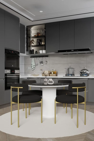 AVVİO LOREA  PTT Lake MDF Ayak 4'lü Teddy Sandalye 90X90  Masa Sandalye Takımı ( SANDALYE  BUKLE KUMAŞ) - Resim 2