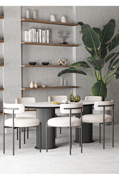 AVVİO Mina Teddy Sandalye 6'lı Ptt Ayak 80x180 Oval Yemek Masası Mutfak Masası Masa Sandalye Takımı ürün görseli