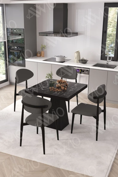 AVVİO Vanessa Siyah Polo Metal Sandalye 90X90 Kare  Yemek Masası Mutfak Masası Masa Sandalye Takımı - Resim 2