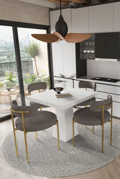 AVVİO ARONA  Beyaz Lake MDF Ayak  90x90 Yemek Masası Mutfak Masası 4 Kişilik Masa Takımı Teddy Sandalye ürün görseli