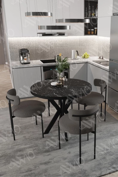 AVVİO Loan Teddy Sandalye 90x90 Yuvarlak Yemek Masası Mutfak Masası 4 Kişilik Masa Sandalye Takımı - Resim 2