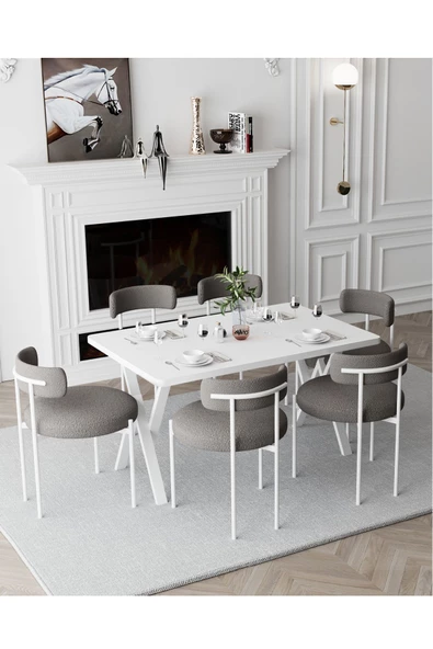 AVVİO Larina Beyaz Teddy Sandalye 80x140 Yemek Masası Mutfak Masası 6 Kişilik Masa Sandalye Takımı - Resim 2