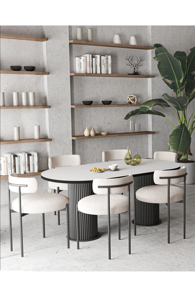 AVVİO Mina Teddy Sandalye 6' Lı Ptt Ayak 80x140 Oval Yemek Masası Mutfak Masası Masa Sandalye Takımı - Resim 2