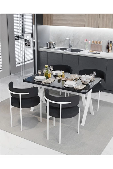 AVVİO Majer Beyaz Teddy Sandalye 80x120 Yemek Masası Mutfak Masası 4 Kişilik Masa Sandalye Takımı - Resim 2