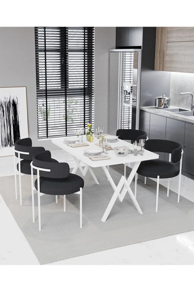 AVVİO Majer Beyaz Teddy Sandalye 80x120 Yemek Masası Mutfak Masası 4 Kişilik Masa Sandalye Takımı ürün görseli