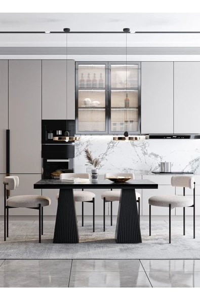 AVVİO Pietro Lake Mdf Ayak Teddy Sandalye 80x140 Yemek Masası Mutfak Masası 4 Kişilik Masa Sandalye Takım - Resim 2