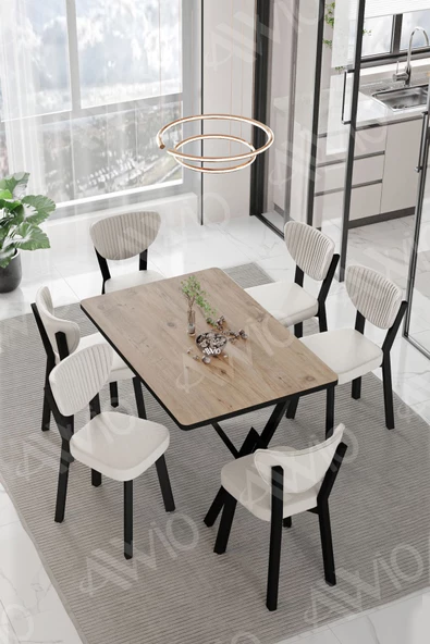 AVVİO DORA  ELMA Sandalye 80x140 Yemek Masası Mutfak Masası 6 Kişilik Masa Sandalye Takım ürün görseli