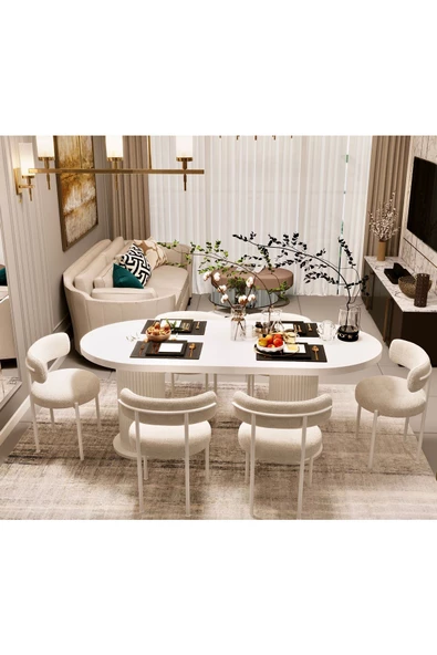 AVVİO Veyron Beyaz  Teddy Sandalye 80x160 Yemek Masası Mutfak Masası 6 Sandalyeli Masa Sandalye Takım ürün görseli