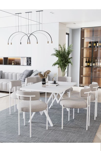 AVVİO Larina Beyaz Teddy Sandalye 80x140 Yemek Masası Mutfak Masası 6 Kişilik Masa Sandalye Takımı - Resim 2