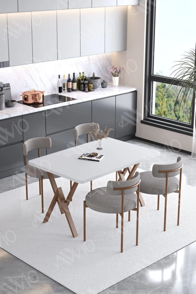 AVVİO Calina Teddy Sandalye 80x120 Yemek Masası Mutfak Masası 4 Kişilik Masa Sandalye Takımı(BUKLE KUMAŞ) ürün görseli