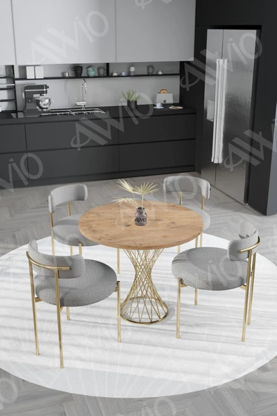 AVVİO Tiny MAT GOLD Teddy Sandalye 90x90 Yuvarlak Yemek Masası Mutfak Masası  Masa Sandalye Takımı - Resim 2