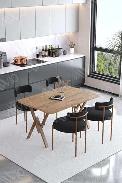 AVVİO Lionte Teddy Sandalye 80x120 Yemek Masası Mutfak Masası 4 Kişilik Masa Sandalye Takımı(BUKLE KUMAŞ) ürün görseli