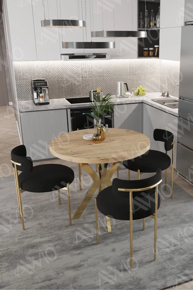 AVVİO VİOLA MAT GOLD Ayak 4'lü Teddy Sandalye 90X90 Masa Sandalye Takımı ( SANDALYE BUKLE KUMAŞ) - Resim 2