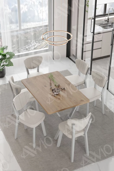AVVİO LİDYANA  ELMA Sandalye 80x140 Yemek Masası Mutfak Masası 6 Kişilik Masa Sandalye Takım