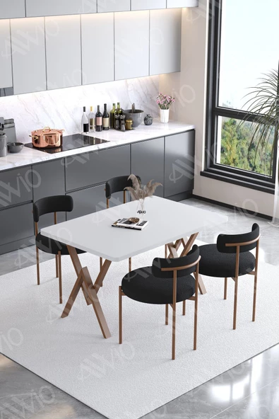 AVVİO Lionte Teddy Sandalye 80x120 Yemek Masası Mutfak Masası 4 Kişilik Masa Sandalye Takımı(BUKLE KUMAŞ) ürün görseli