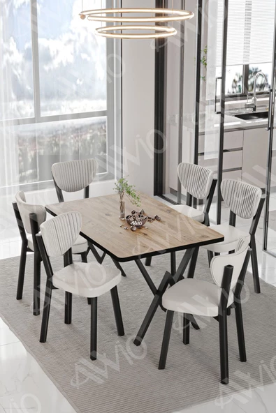 AVVİO DORA  ELMA Sandalye 80x140 Yemek Masası Mutfak Masası 6 Kişilik Masa Sandalye Takım - Resim 2