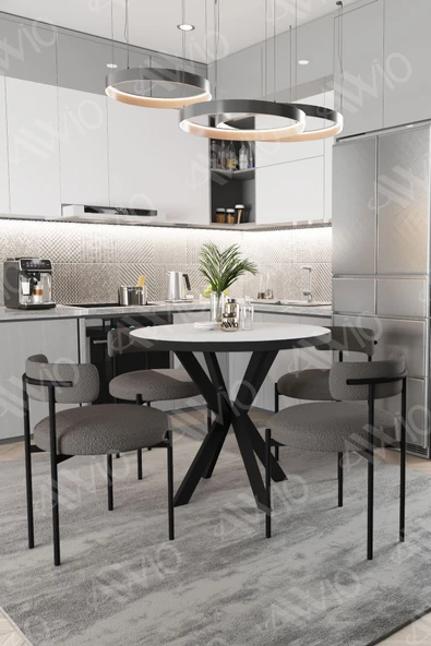 AVVİO Loan Teddy Sandalye 90x90 Yuvarlak Yemek Masası Mutfak Masası 4 Kişilik Masa Sandalye Takımı ürün görseli